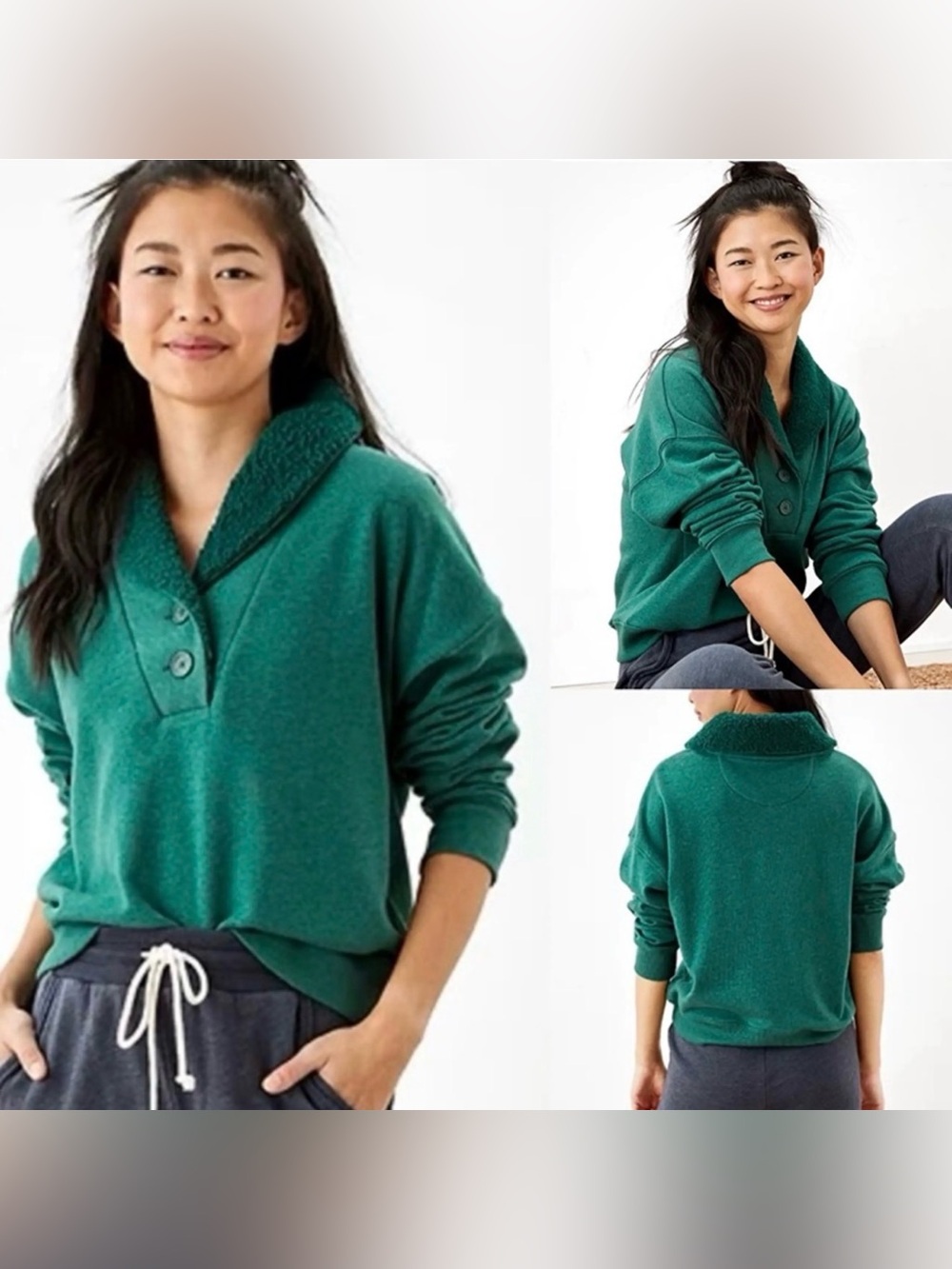 American Eagle Outfitters Emerald Green Sherpa-Collar Pullover Sweatshirt